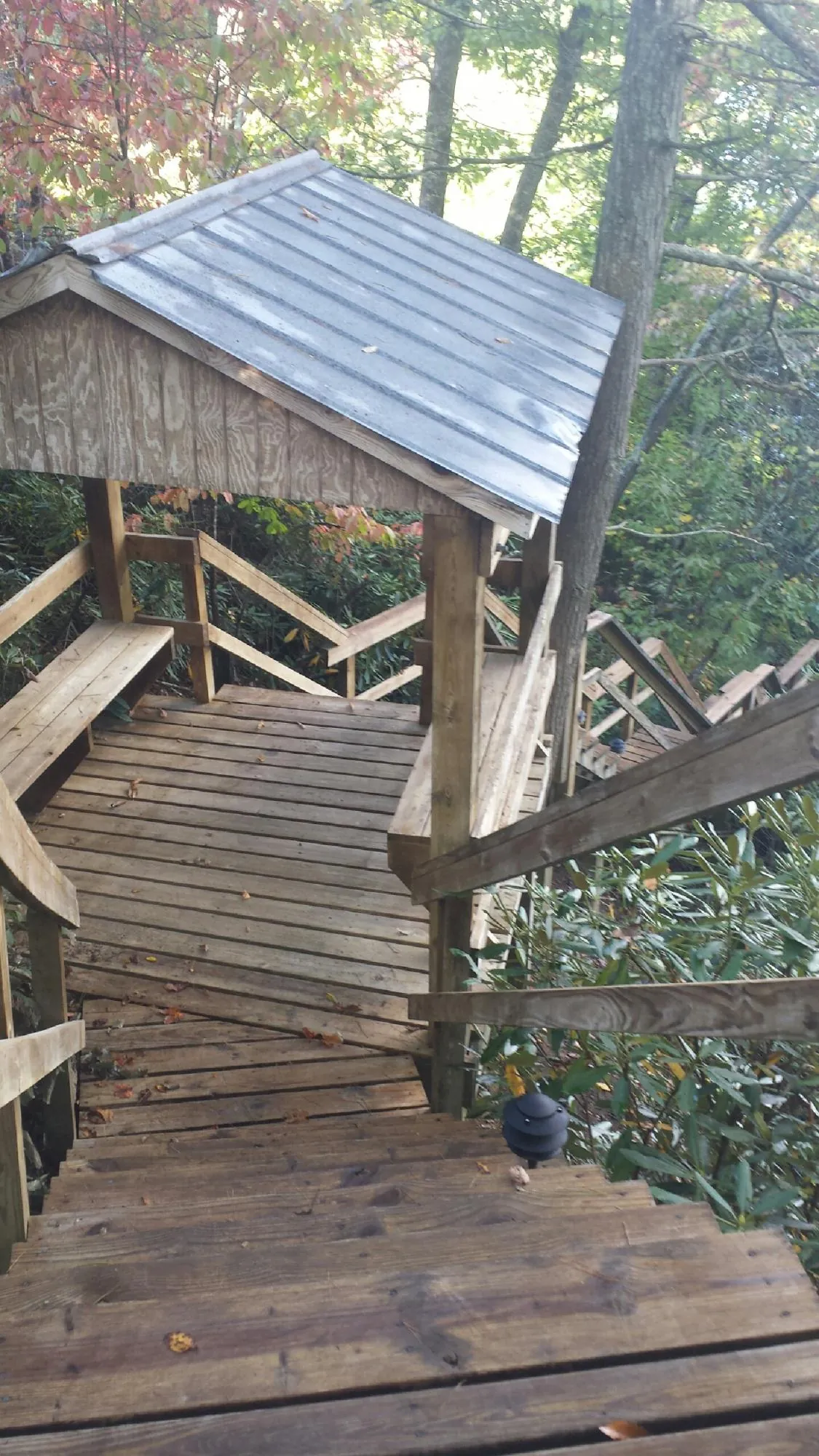 Metal roofed shelter over wooden steps on a wooded walkway — Skylight Repair & Installation work by our crew in Hannibal